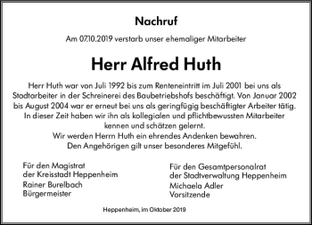 Traueranzeige von Alfred Huth von vrm-trauer