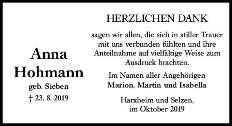  Traueranzeige für Anna Hohmann vom 12.10.2019 aus vrm-trauer