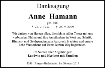 Traueranzeige von Anne Hamann von vrm-trauer