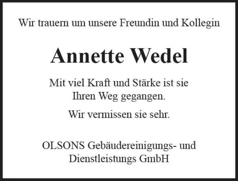  Traueranzeige für Annette Wedel vom 23.10.2019 aus vrm-trauer