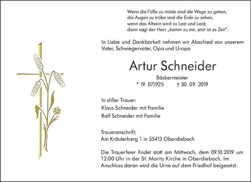 Traueranzeige für Artur Schneider vom 05.10.2019 aus vrm-trauer