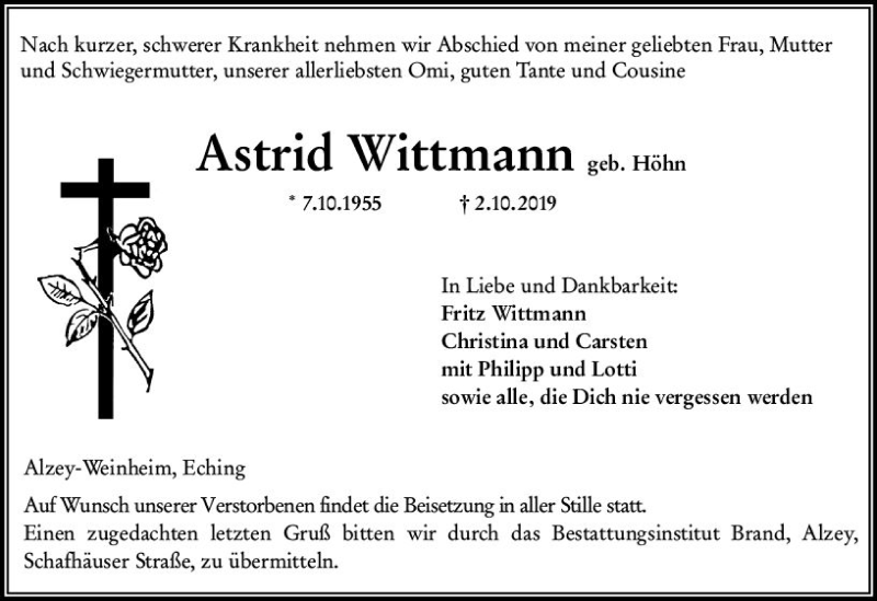  Traueranzeige für Astrid Wittmann vom 05.10.2019 aus vrm-trauer