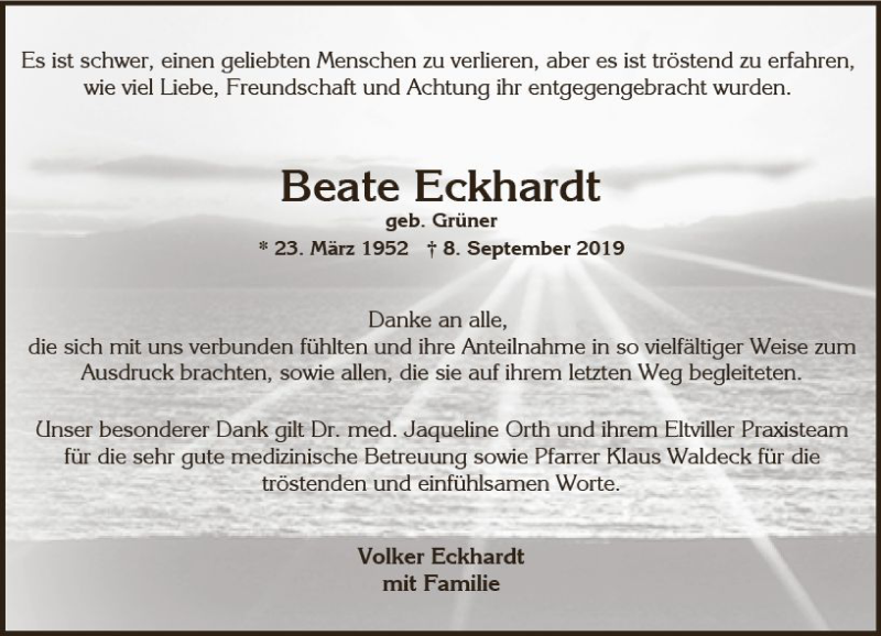  Traueranzeige für Beate Eckhardt vom 19.10.2019 aus vrm-trauer