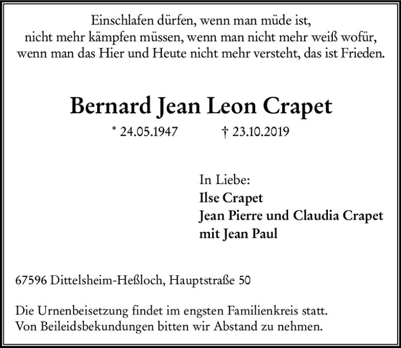  Traueranzeige für Bernard Jean Leon Crapet vom 26.10.2019 aus vrm-trauer