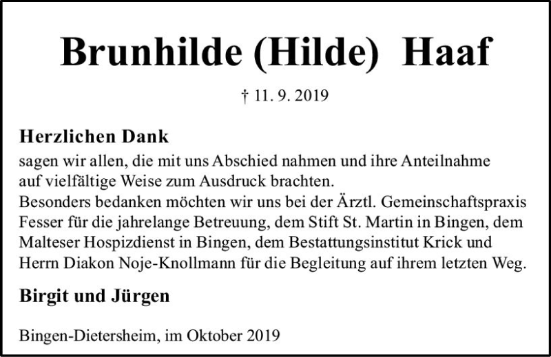  Traueranzeige für Brunhilde Haaf vom 02.10.2019 aus vrm-trauer