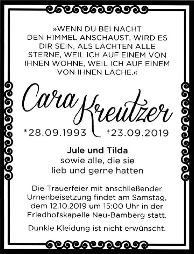  Traueranzeige für Cara Kreutzer vom 05.10.2019 aus vrm-trauer