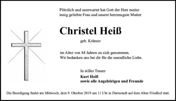 Traueranzeige von Christel Heiß von vrm-trauer