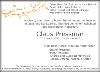Traueranzeige von Claus Pressmar von vrm-trauer