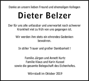 Traueranzeige von Dieter Belzer von vrm-trauer
