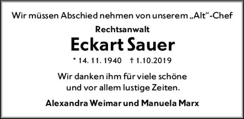  Traueranzeige für Eckart Sauer vom 16.10.2019 aus vrm-trauer