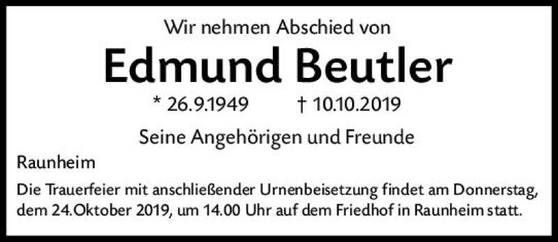  Traueranzeige für Edmund Beutler vom 19.10.2019 aus vrm-trauer