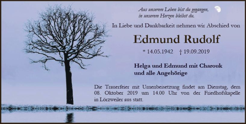  Traueranzeige für Edmund Rudolf vom 05.10.2019 aus vrm-trauer