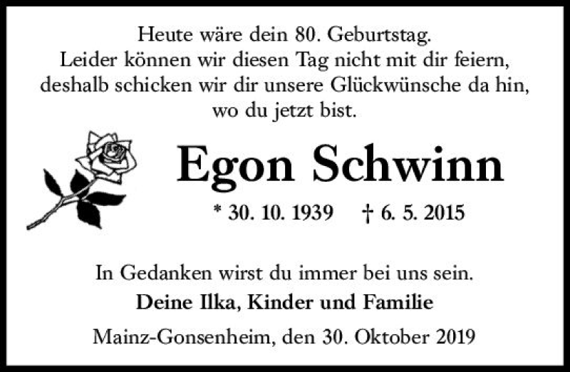  Traueranzeige für Egon Schwinn vom 30.10.2019 aus vrm-trauer