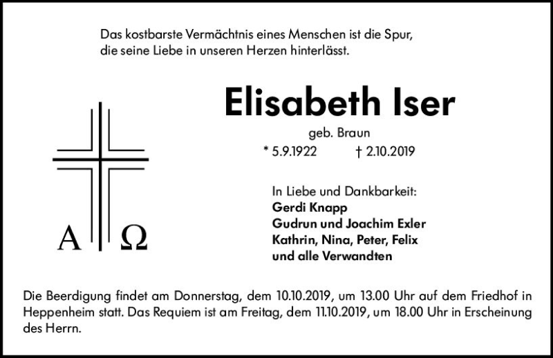  Traueranzeige für Elisabeth Iser vom 08.10.2019 aus vrm-trauer