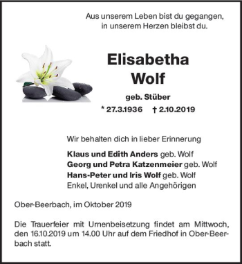 Traueranzeige von Elisabetha Wolf von vrm-trauer
