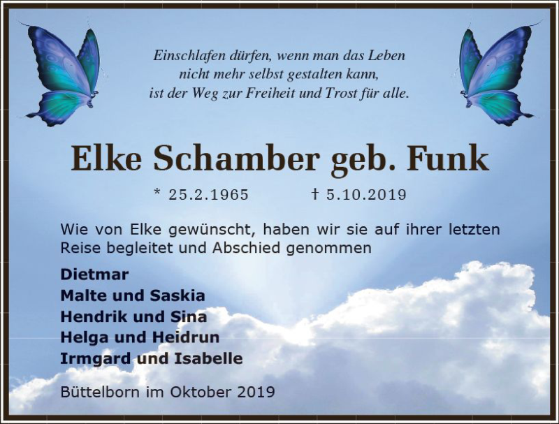  Traueranzeige für Elke Schamber vom 16.10.2019 aus vrm-trauer