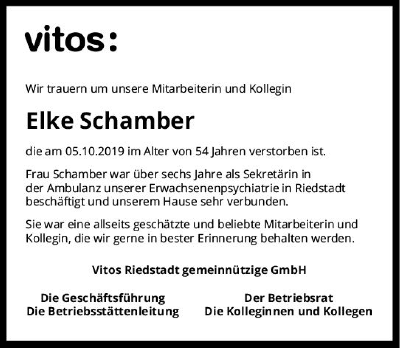  Traueranzeige für Elke Schamber vom 18.10.2019 aus vrm-trauer