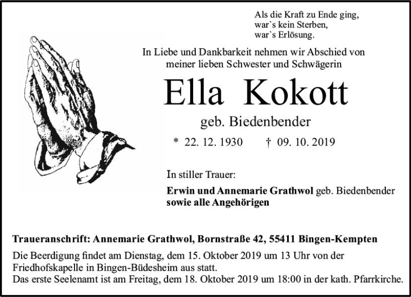  Traueranzeige für Ella Kokott vom 12.10.2019 aus vrm-trauer