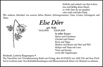 Traueranzeige von Else Dörr von vrm-trauer