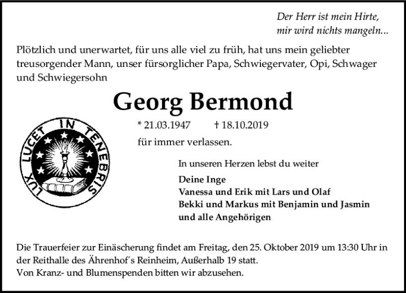  Traueranzeige für Georg Bermond vom 21.10.2019 aus vrm-trauer