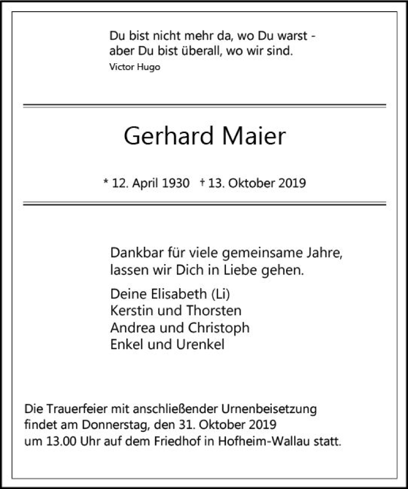  Traueranzeige für Gerhard Maier vom 26.10.2019 aus vrm-trauer