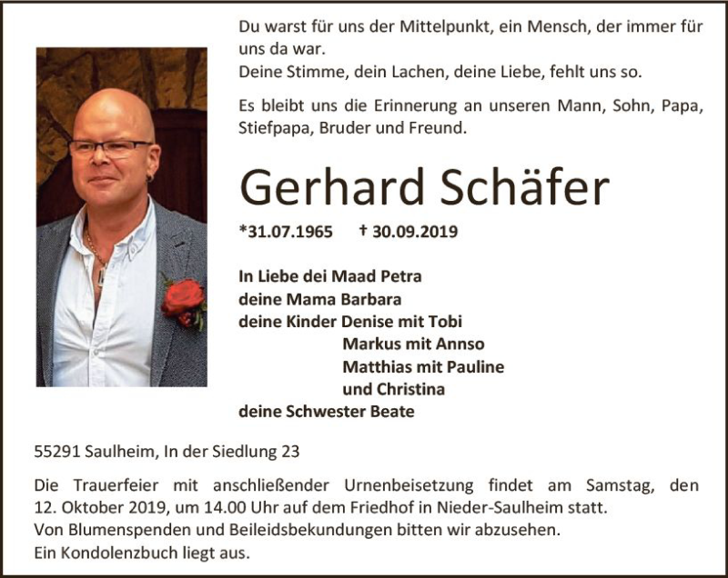  Traueranzeige für Gerhard Schäfer vom 09.10.2019 aus vrm-trauer