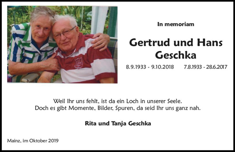  Traueranzeige für Gertrud Geschka vom 12.10.2019 aus vrm-trauer