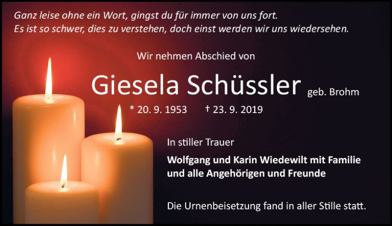  Traueranzeige für Giesela Schüssler vom 19.10.2019 aus vrm-trauer