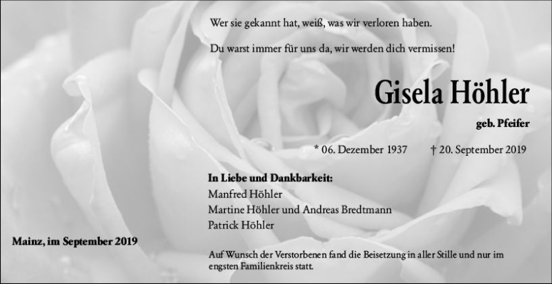  Traueranzeige für Gisela Höhler vom 05.10.2019 aus vrm-trauer