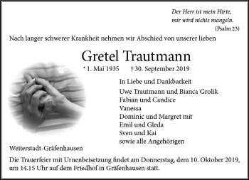Traueranzeige von Gretel Trautmann von vrm-trauer