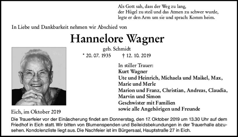  Traueranzeige für Hannelore Wagner vom 15.10.2019 aus vrm-trauer