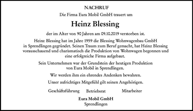 Traueranzeigen von Heinz Blessing | www.vrm-trauer.de