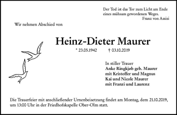 Traueranzeige von Heinz-Dieter Maurer von vrm-trauer
