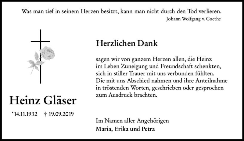  Traueranzeige für Heinz Gläser vom 19.10.2019 aus vrm-trauer