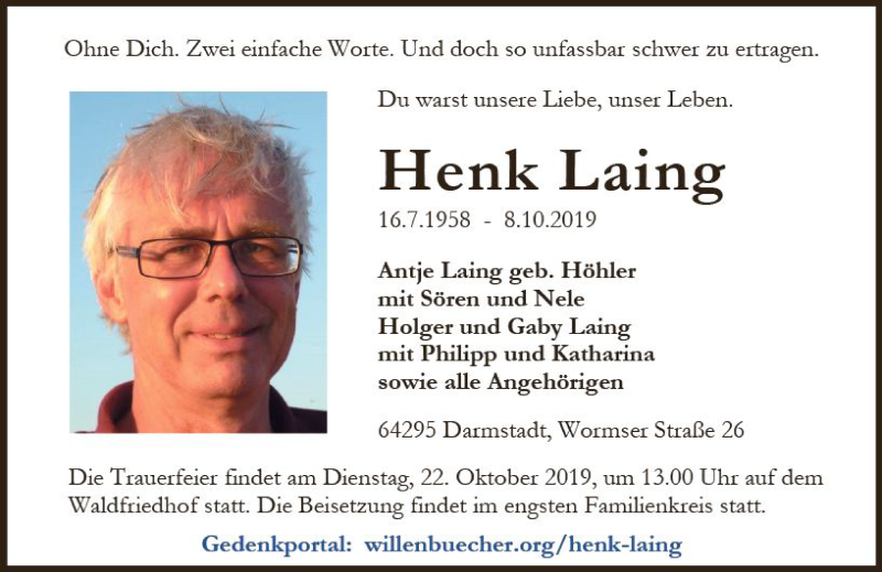  Traueranzeige für Henk Laing vom 19.10.2019 aus vrm-trauer