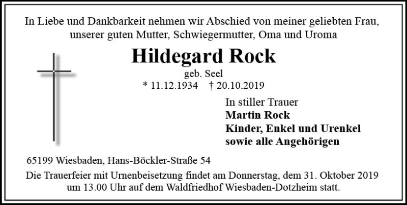  Traueranzeige für Hildegard Rock vom 29.10.2019 aus vrm-trauer