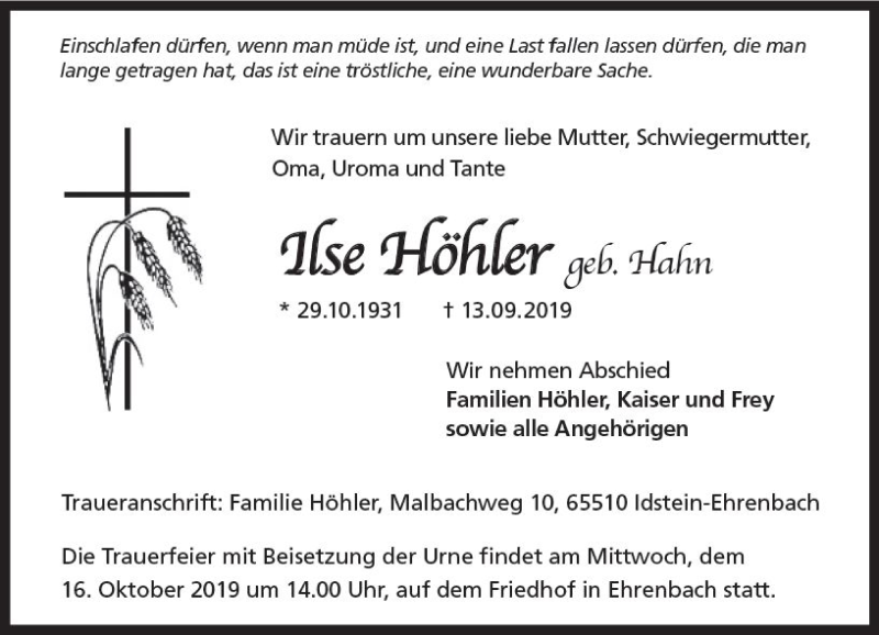  Traueranzeige für Ilse Höhler vom 12.10.2019 aus vrm-trauer