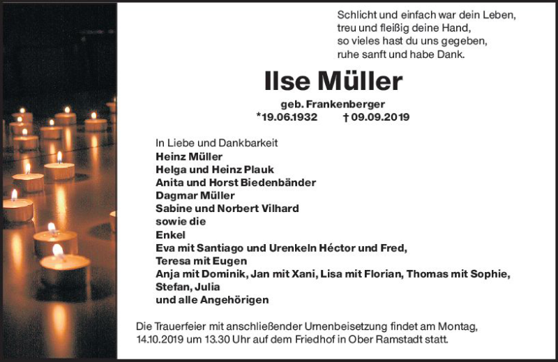 Traueranzeige für Ilse Müller vom 09.10.2019 aus vrm-trauer