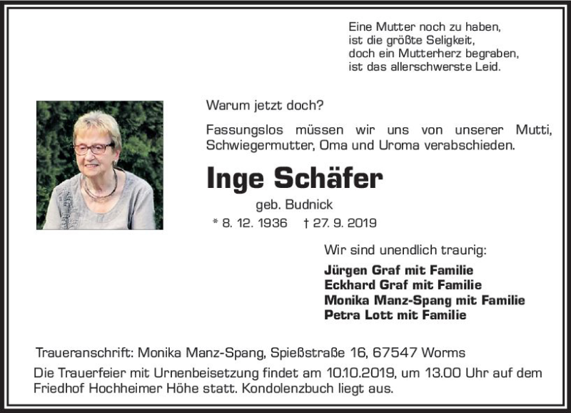  Traueranzeige für Inge Schäfer vom 05.10.2019 aus vrm-trauer