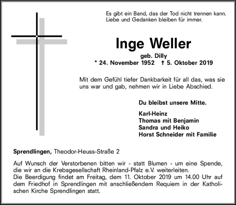  Traueranzeige für Inge Weller vom 08.10.2019 aus vrm-trauer