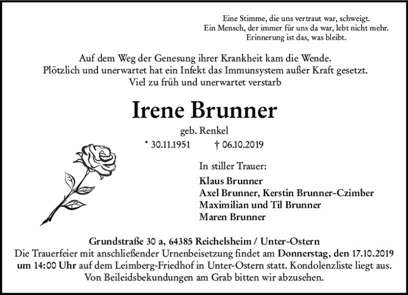  Traueranzeige für Irene Brunner vom 12.10.2019 aus vrm-trauer