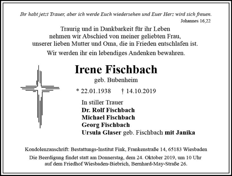  Traueranzeige für Irene Fischbach vom 19.10.2019 aus vrm-trauer