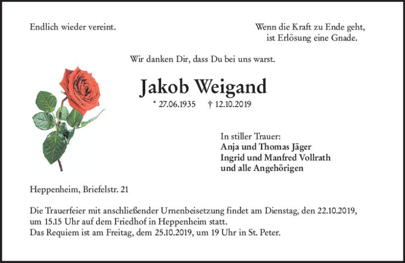  Traueranzeige für Jakob Weigand vom 19.10.2019 aus vrm-trauer