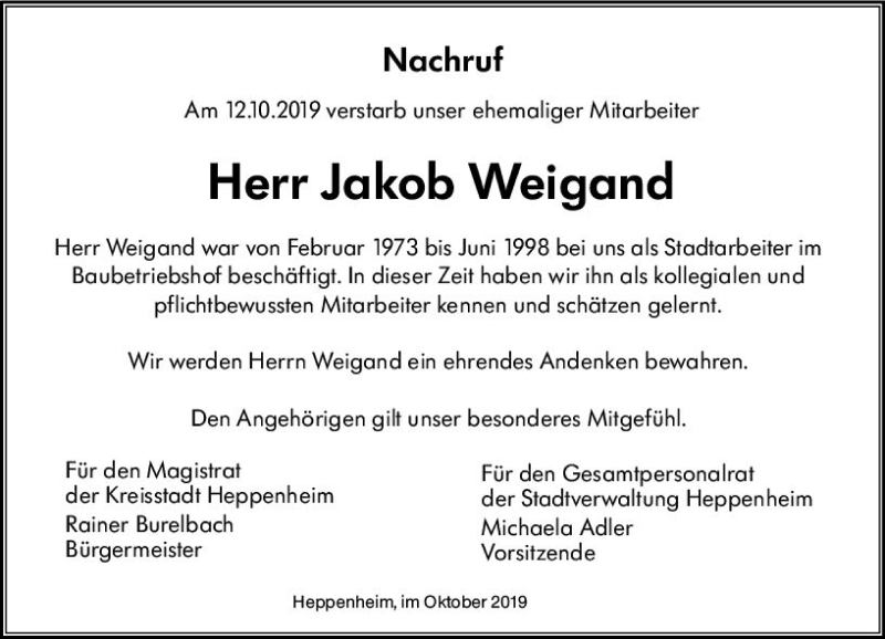  Traueranzeige für Jakob Weigand vom 24.10.2019 aus vrm-trauer