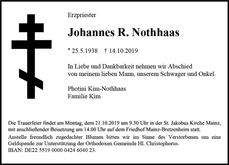  Traueranzeige für Johannes R. Nothhaas vom 19.10.2019 aus vrm-trauer