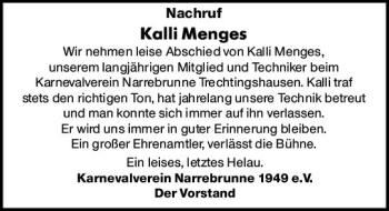 Traueranzeige von Kalli Menges von vrm-trauer