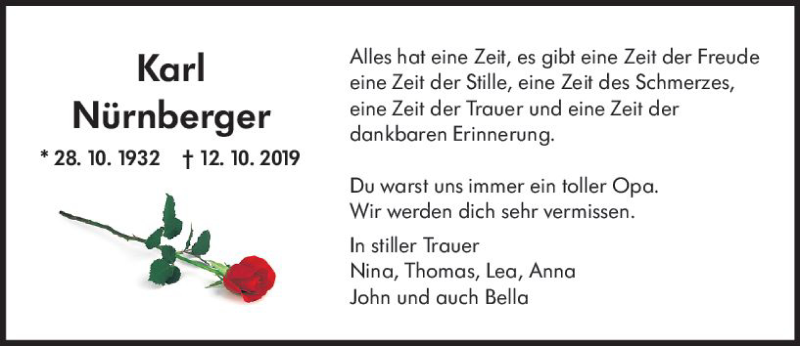  Traueranzeige für Karl Nürnberger vom 16.10.2019 aus vrm-trauer