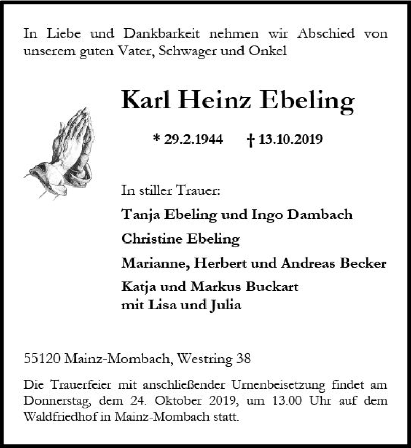  Traueranzeige für Karl Heinz Ebeling vom 19.10.2019 aus vrm-trauer