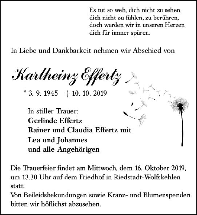  Traueranzeige für Karlheinz Effertz vom 12.10.2019 aus vrm-trauer