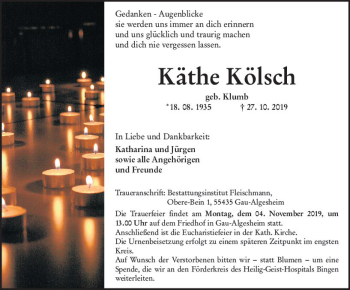 Traueranzeige von Käthe Kölsch von vrm-trauer